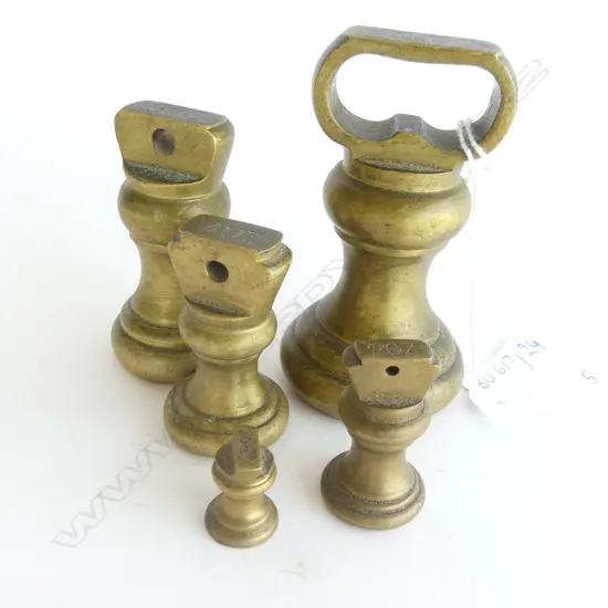 SET OF 5 BRASS WIEGHTS; 1LB, 8, 4, 2, .5 OZ H.90mm