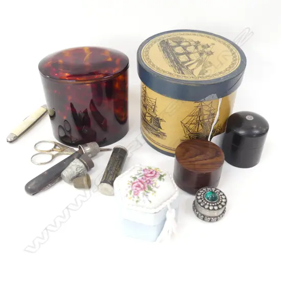 ASST SM LIDDED CONTAINERS INCL FAUX TORTOISESHELL WITH VINTAGE SEWING IMPLEMENTS ETC..