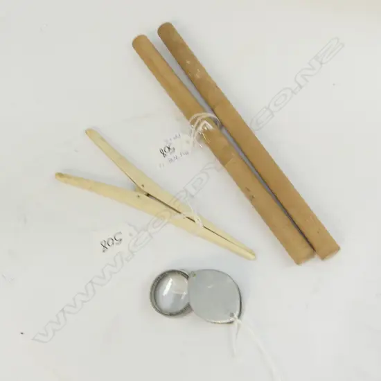 VINTAGE BONE GLOVE STRETCHER, PR WOODEN NEEDLE CASES & OLD ALUMINIUM CASED LOUPE