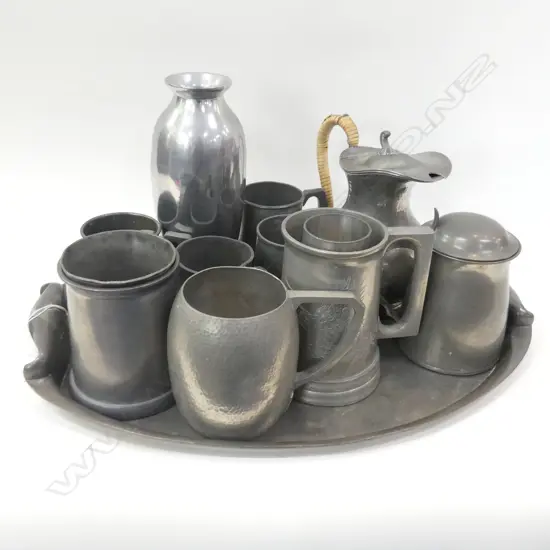 OVAL PEWTER TRAY + 12 ASST. TANKARDS ETC