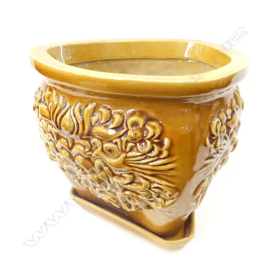 POTTERY JARDINERE AND SAUCER