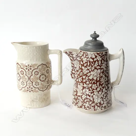 PARIAN JUG W BROWN & WHITE FLORAL DESIGN C1878 (H165MM) A/F & PEWTER LIDDED BROWN & WHITE FLORAL JUG (H200MM)