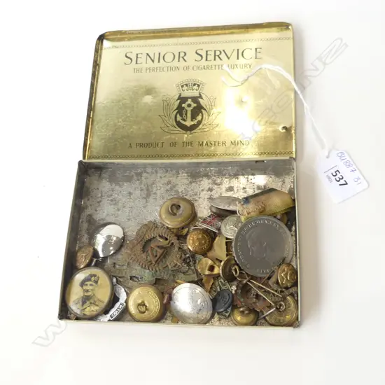 OLD CIGARETTE TIN OF VINTAGE COINS, MEDALS, BUTTONS ETC..