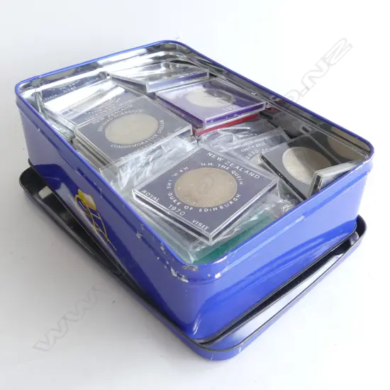 TIN OF COMMEMORATIVE COINS, SETS ETC
