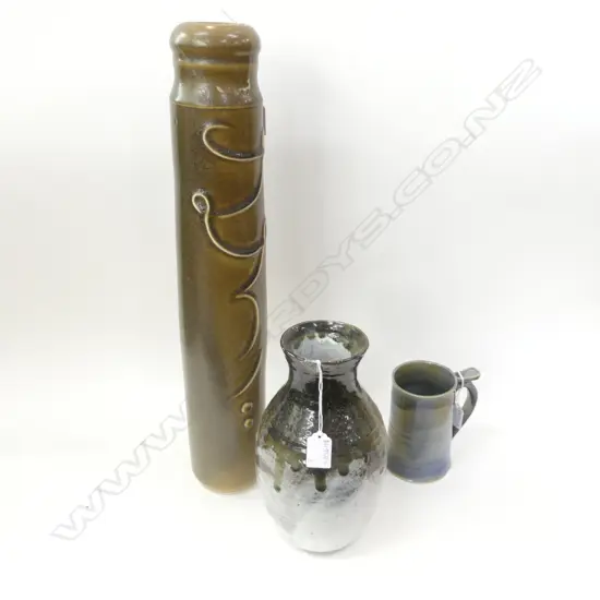 3 PCES STUDIO POTTERY; MUG, VASE, TALL VASE H.550mm repaired