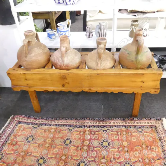 SET 4 ANTIQUE TERRACOTTA POTS IN PINE STAND. L.1360mm ** RTV