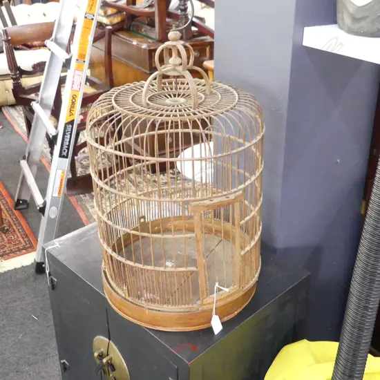 OLD BAMBOO HANGING BIRD CAGE - SOME FAULTS H. 680 DIA 360MM