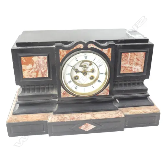 VINTAGE DECO SLATE & PINK MARLBLE MANTLE CLOCK WITH KEY L 395MM