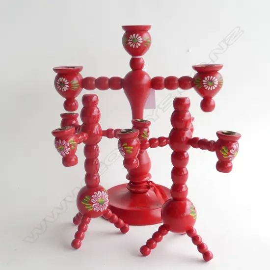 WHITE PAINTED TABLE LAMP + 3 RED PAINTED SWEDISH CANDLESTICKS