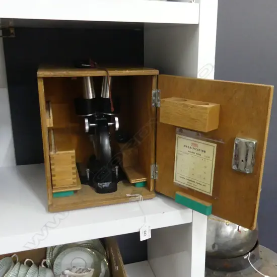 VINTAGE NIPPON MICROSCOPE WORKS TELESCOPE IN  WOODEN BOX WITH KEYS  