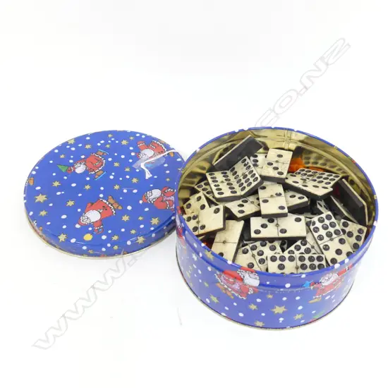 TIN OLD WOODEN & BONE DOMINOES 