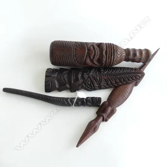 4 CARVED WOODEN TRIBAL PCES; TROBRIAND ISLAND CROCODILE L.470mm, 3 TIKI CARVINGS; 1 CLUB FORM H.335mm