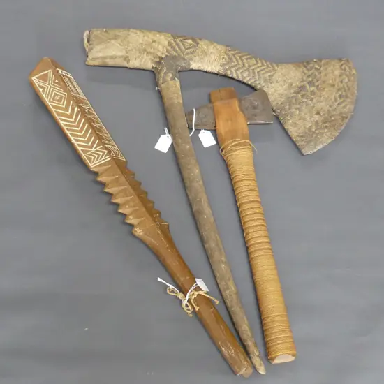 3 TRIBAL WEAPONS; SAMOAN TOMAHAWK, VINTAGE SAMOAN TOURIST CLUB c.1930, PNG AXE H.700mm