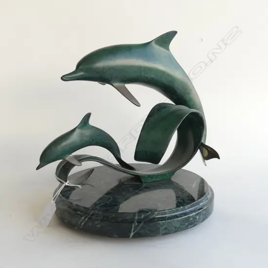 BRONZED METAL & GREEN MARBLE ROTATING DOLPHIN SCULPTURE H.250mm