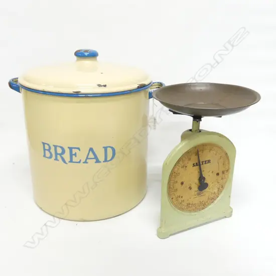 LARGE VINTAGE LIDDED ENAMEL CONTAINER 'BREAD' BIN H.380mm + SALTER SCALE