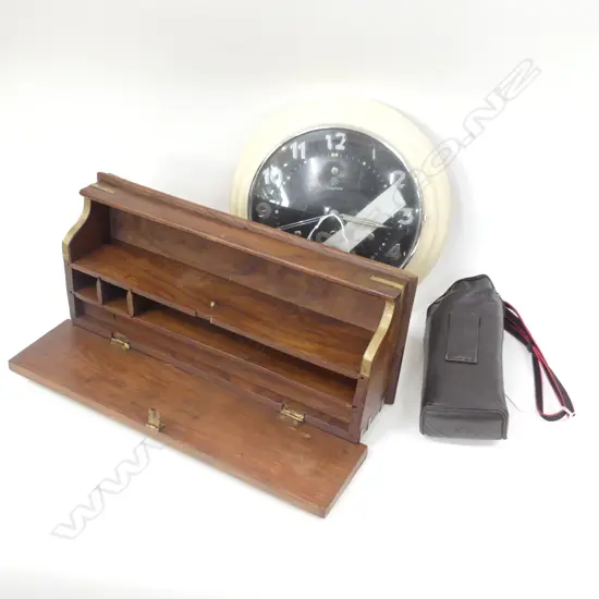 WOODEN WRITING BOX w. BRASS TRIM / NIKON CAMERA / JUNGHANS CLOCK 250mm dia