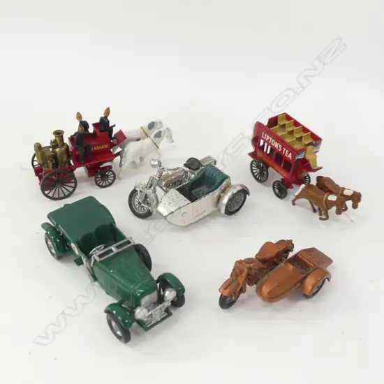 5 VINTAGE LESNEY DIE CAST TOYS INCL HARLEY DAVIDSON SIDE CAR ETC..