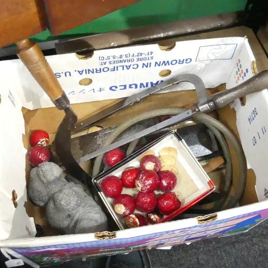 BOX LOT VINTAGE TOOLS, CONCRETE 3 MONKEYS, GOLF BALLS