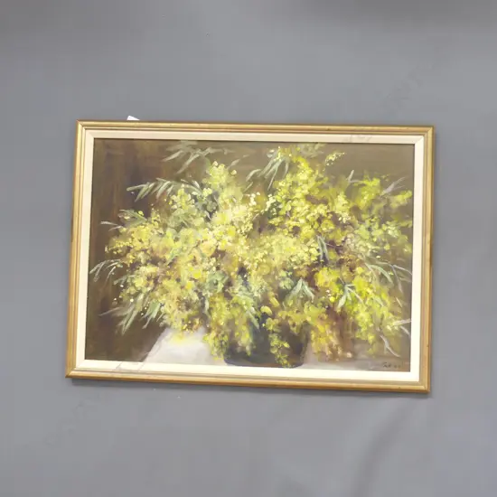 SIGNED YELLOW FLORAL STILL LIFE OIL 420x605mm