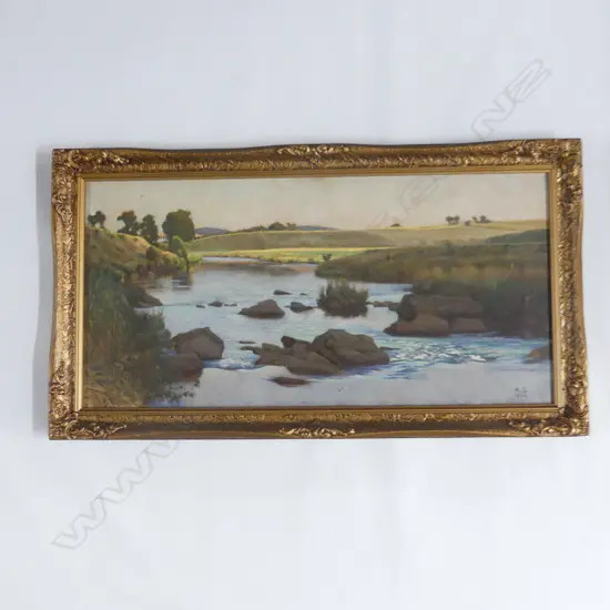 ANTIQUE LANDSCAPE OIL ON CANVAS SIGNED 'A.C. 1904' 290x600mm