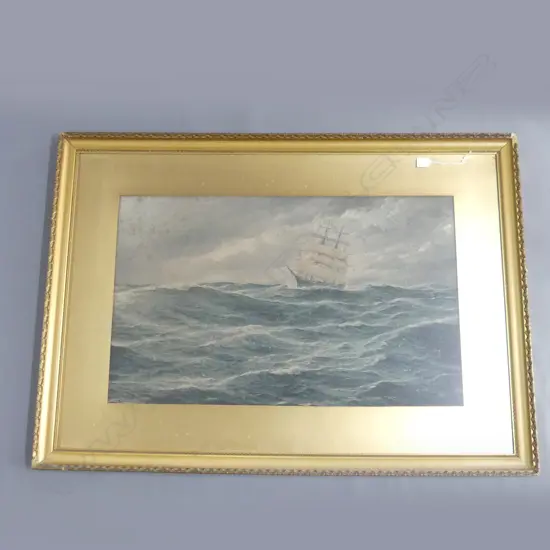 FRAMED LITHO MASTETED BARQUENTINE IN GALE 860 X 540 MM FOXING
