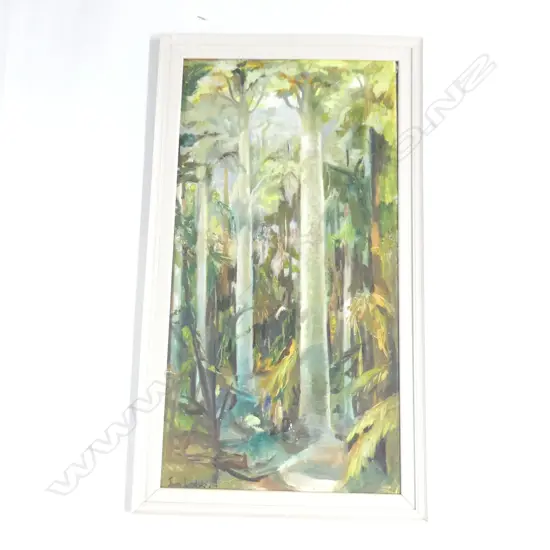 JOAN LINDSEY 'TALL KAURIS WAIPUA FOREST' OIL SIGNED & DATED '67 830x430mm