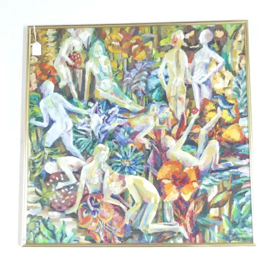 ARTIST UNKNOWN COLOURFUL ABSTRACT SCENE WITH FIGURES, OIL  575x580mm