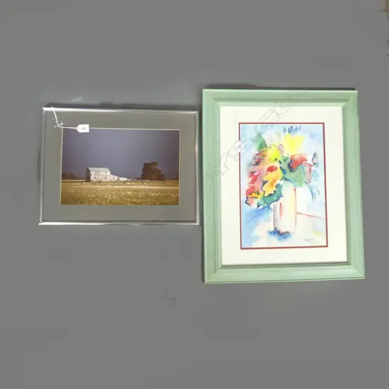 2 ARTWORKS; RURAL SOUTHLAND PHOTO 235x360 + WENDY MIDLAND 'FLORAL BOUQUET' ABSTRACT W/C 385x265mm