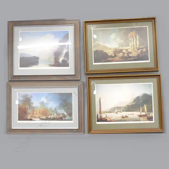 4 WILLIAM HODGES PRINTS; EASTER ISLAND, LANDING AT TANNA, VIEW OF OTAHEITI & WATERFALL IN DUSKY BAY 375x500mm
