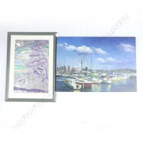 2 ARTWORKS; COLLEEN O'CONNOR 'STREAM - WAIMAKARIRI' MIXED MEDIA 550x360 + AUCKLAND YACHTS CANVAS PRINT 560x800mm