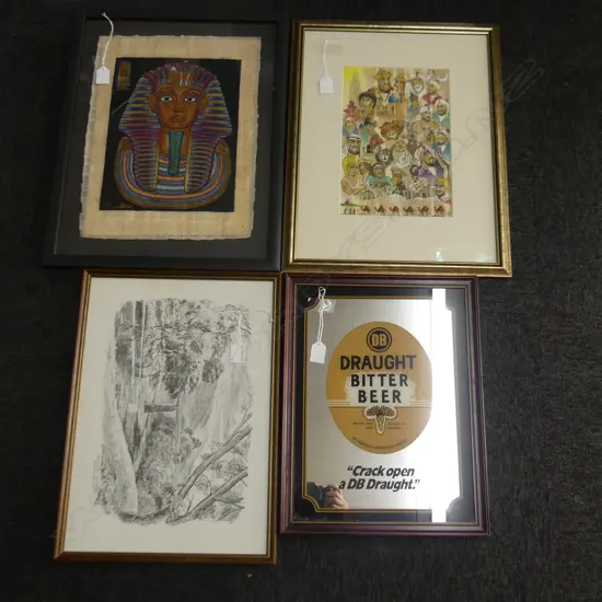 4 ARTWORKS; 'HISTORY OF SAMARKAND' W/C ON FABRIC 300x200, PHARAOH PRINT, PETER ARNOLD AKATARAWA PRINT, DB BEER MIRROR  