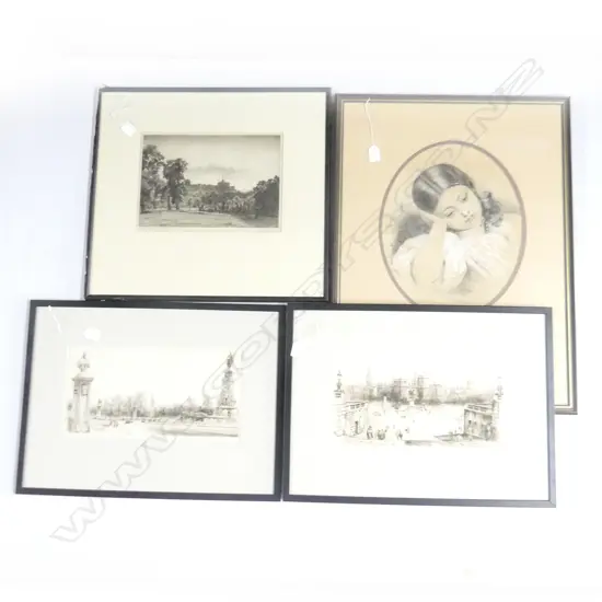 4 PRINTS; 2 LONDON ETCHINGS, J. DUDLEY HAYNES 'WINDSOR CASTLE' & VICTORIAN GIRL 385x305mm