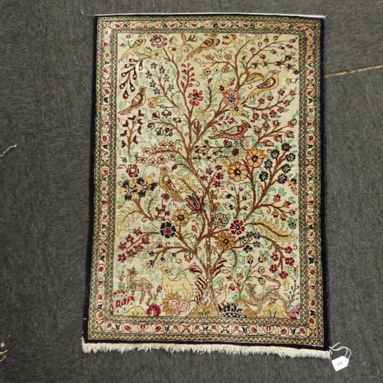 SMALL FINELY HAND KNOTTED SILK RUG 'TREE OF LIFE' DESIGN 800x570mm