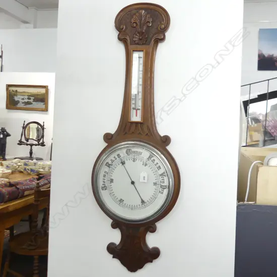 C1910 LGE CARVED OAK BANJO BAROMETER / THERMOMETER H.980mm
