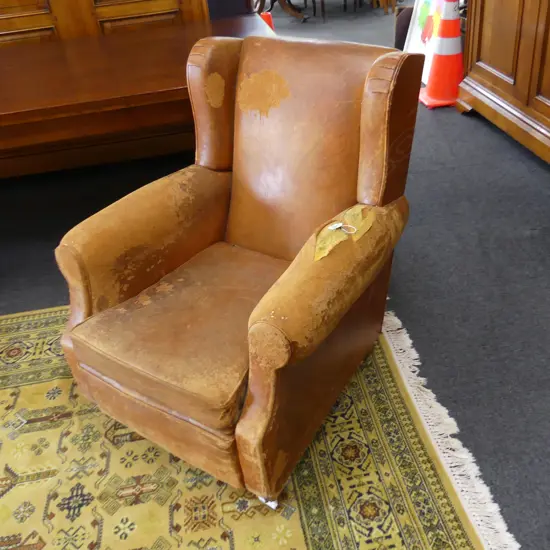 LEATHER WINGBACK CLUB CHAIR - DISTRESSED