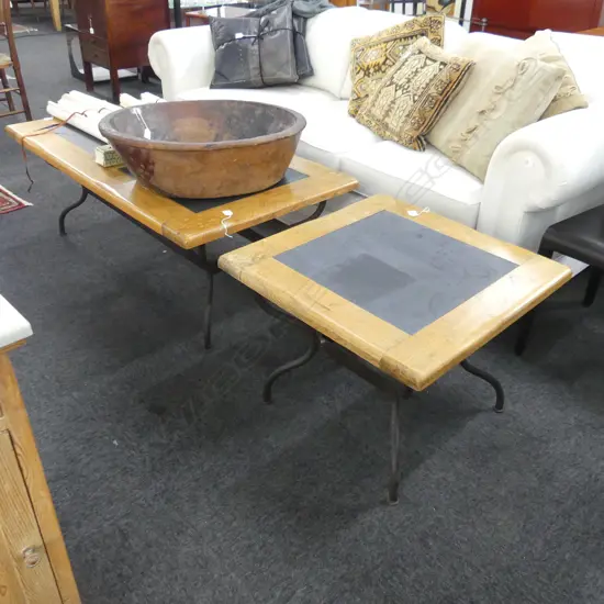 SLATE OAK AND IRON COFFEE TABLE PLUS A SMALLER ONE 1300 x 700 x 490mm and 650 x 650 x 500mm