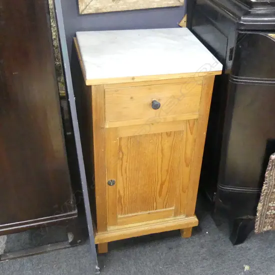 PR 19THC PINE BEDSIDE CABINETS WHITE MARBLE TOPS. H.795mm