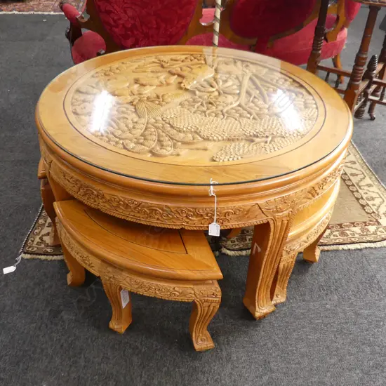 LOW CIRCULAR ORIENTAL CARVED WOODEN TABLE GLASS TOP w. 4 CHAIRS 900mm dia H.510mm
