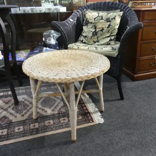 CANE CHAIR, SEAGRASS TABLE AND CUSHIONS