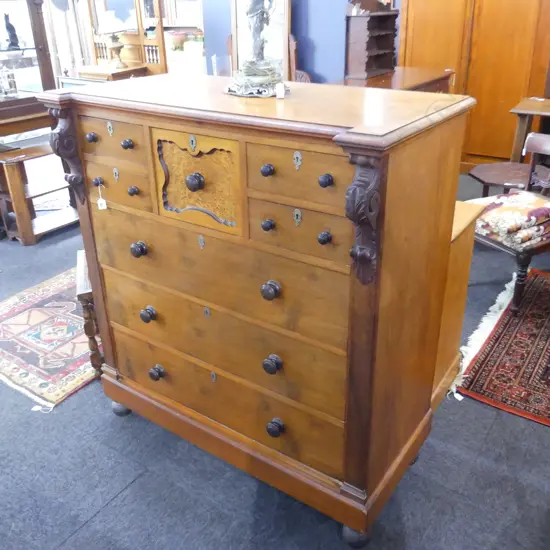 COLONIAL MOTTLED KAURI AND EXOTIC TIMBERS SCOTCH CHEST (bun foot loose)  1200 x 590 x 1310mm