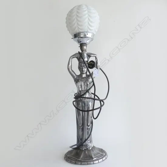 ART NOUVEAU SILVER PLATE FIGURAL TABLE LAMP WITH ROUND BALL FITTING H. 700MM
