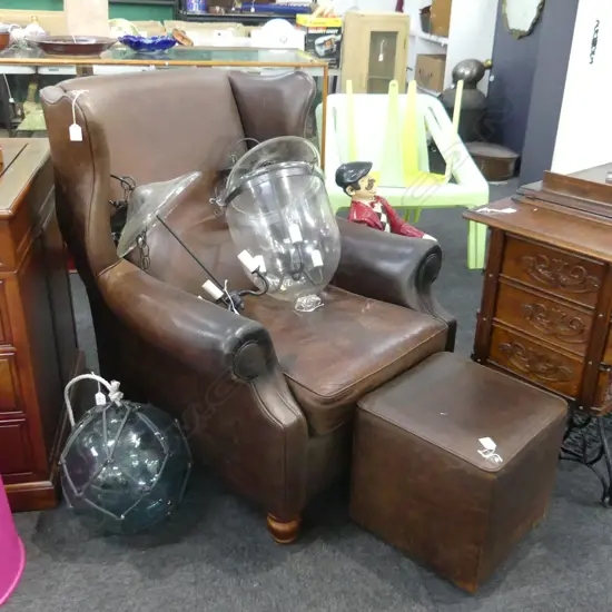 LEATHER WINGBACK 850 x 940 x 970mm PLUS SMALL OTTOMAN