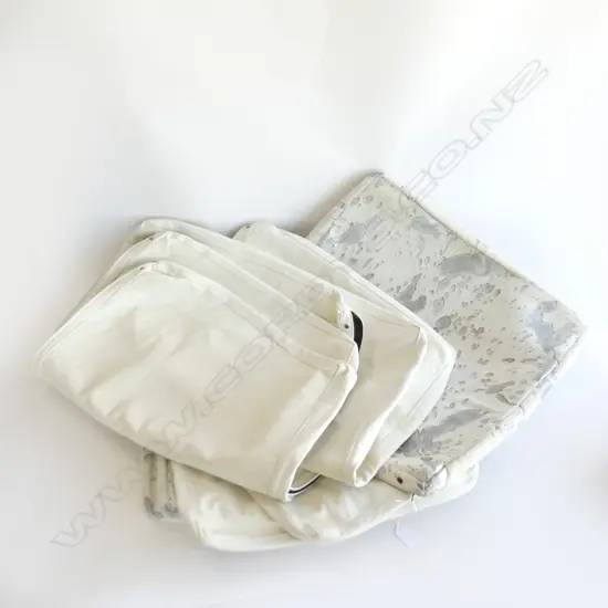 9 CUSHION COVERS; 3 WHITE COWHIDE w. SILVER SPOTS 450x500 + WHITE LEATHER; 2x 450x450, 4x 450x650mm