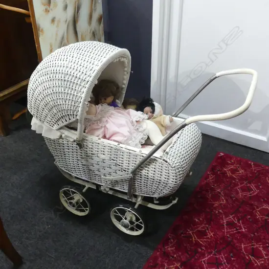 VINTAGE WHITE CANE PRAM + ASST. DOLLS