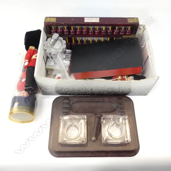 SM BOX MISC INCL OLD INKWELL DESK SET, ABACUS, TABLE LIGHTERS,THIMBLES ETC..