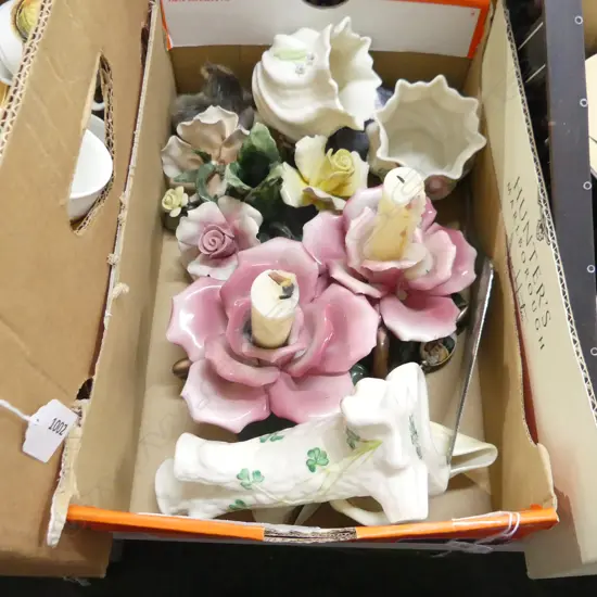 SM BOX MISC INCL ITALIAN FLOWER CANDLE HOLDERS, BELLEEK ETC..