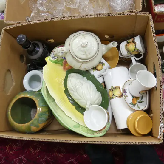 BOX LOT ASST INCL RD TEAPOT, CARLTON WARE CHEESE DISH, MEAKIN COFFEE SET, CAMEMBERT CHEESE DISH ETC..
