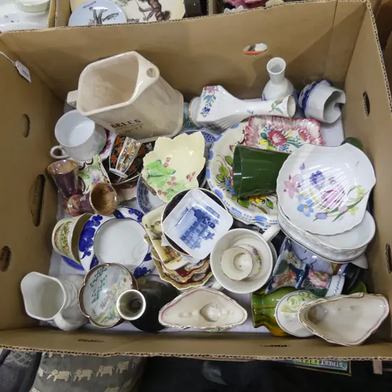 BOX ASST CHINA; PIN DISHES, VASES, JUGS, ETC..