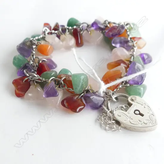 SILVER GEM STONE BRACELET WITH HEART LOCK