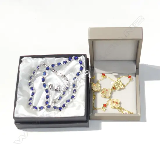 FAUX SAPPHIRE & CZ NECKLACE & EARRING SET & BOXED ROLLED GOLD NECKLACE & BRACLET SET (FAULTS TO SAPP)